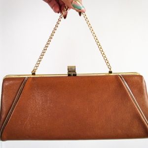 Brown Clutch Purse With Small Gold Chain Handle- Vintage Bag- Cognac Color